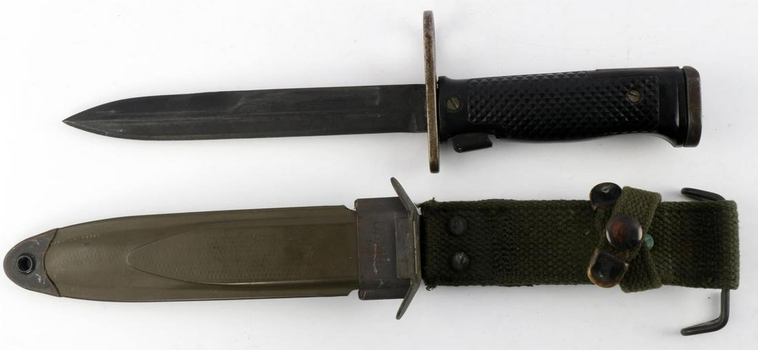 WWII U.S. M6 IN M8 SCABBARD M1 GARAND BAYONET: Milpar Co. maker, near mint blade, American Bakelite grip. M8A1 TWB scabbard, very good original condition.