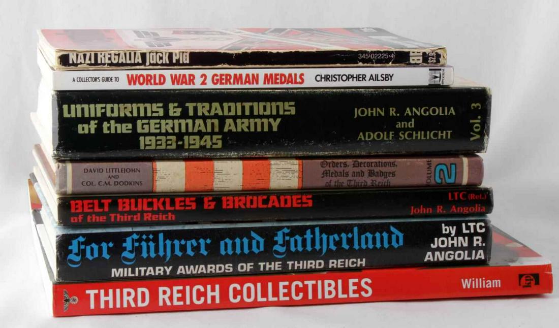 WWII THIRD REICH GERMAN BOOK LOT OF 7: Lot includes: A Collector's Guide to WWII German Medals and Political Awards by Christopher Ailsby, 1994, Uniforms & Traditions of the German Army 1933-1945 by John R. Angolia and Adolf Schlicht Vol. 