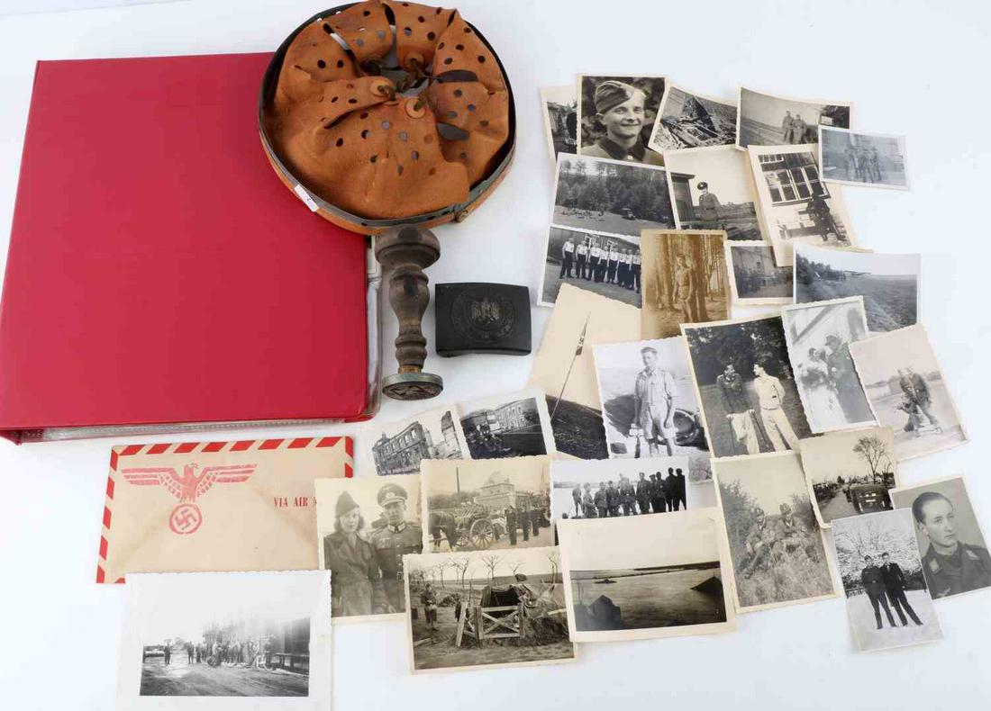 GERMAN REICH PHOTOGRAPHS BELT BUCKLE LINER STAMP: Lot features multiple photographs and cabinet cards during the Third Reich. Cabinet cards mostly display Hitler while the photographs show soldiers in uniform and holding weapons such as the Kar98. Al