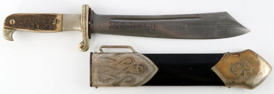 WWII GERMAN REICHSARBEITSDIENST DAGGER & SCABBARD: WWII German Reichsarbeitsdienst (RAD) dagger & scabbard in good condition. Blade measures 9 5/8 inches long, is marked "Alcoso ACS Solingen" on ricasso. Crossguard, stag grip, and pommel are all in go