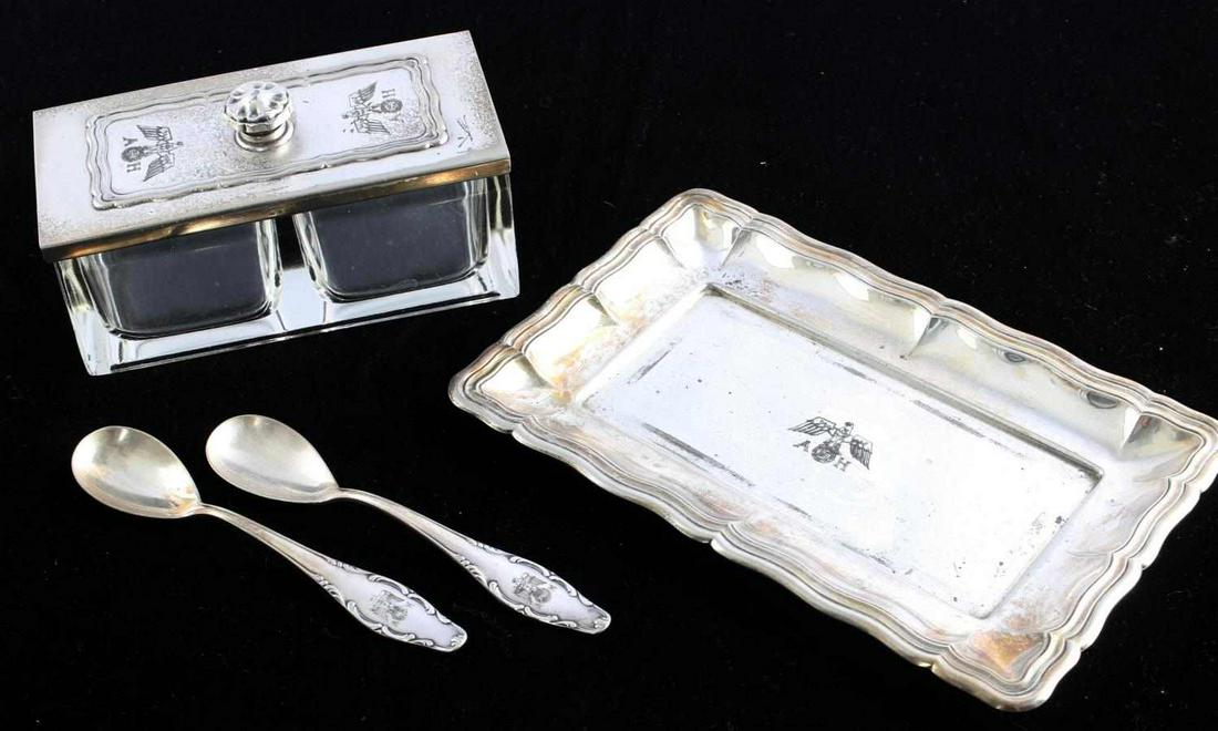 WWII GERMAN THIRD REICH ADOLF HITLER JAR & SPOONS: Adolf Hitler initials with Reichsadler in center of spoons, tray, and jar set. Lid for jar marked Wellner D.R.P. Spoons marked Wellner and 90. Very good condition. Jar measures 5 3/4 inches. Spoons me