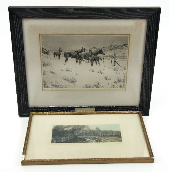 HANS KLEIBER ETCHING & WALLACE NUTTING ENGRAVING: 19.5X16.5 inch framed etching by Hans Kleiber (American, 1887-1967) entitled "Waiting at the Gate" with some toning and minor foxing.16.5x10.5 inch colored engraving by Wallace Nutting (American, 1861