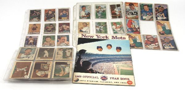 1969 METS YEARBOOK &1950'S BASEBALL FOOTBALL CARDS: A lot consisting of 1969 New York Mets yearbook, 6 1952 Fleer Ted Williams cards, 7 College to Pro Football cards, 7 1951 Baseball in Pictures cards, and 9 circa 1940's T.C.G. Boxing cards.