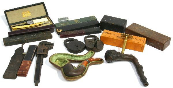 ANTIQUE RAZORS PIPE LOCKS AND OTHER ITEMS: Lot of antique razors, padlocks, and other curiosities. At least three of the 8 razors have ivory handles, and conditions range from good to excellent, with the exception of one needing repair. Also i