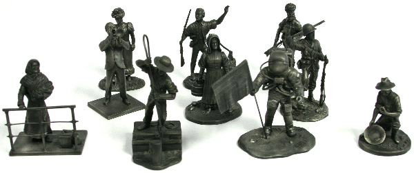 FRANKLIN MINT PEWTER FIGURINE LOT OF 10: A collection of (10) 4.5 inch Franklin Mint fine pewter figurines, including: "The Canal Boat Man", "The Immigrant", "The Prospector", "The Jazz Man", "The First Citizen", "The Pathfinder", "The Astro