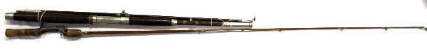 LOT OF TWO VINTAGE FISHING RODS: Two vintage fishing rods. A split bamboo Heddon Premier bait casting rod measuring about 5 feet with a repaired crack about halfway down the rod. Also, a two piece wood Kingfisher saltwater rod measur