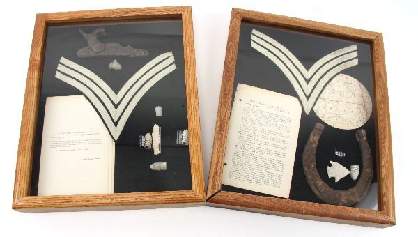 TWO 19TH C. WESTERN INDIAN WARS ARTIFACT DISPLAYS: Two display cases of artifacts and relics from the western Indian Wars of the late 19th Century. Items are displayed in two shadow box type cases, measuring 15 by 17inches each. Among the items are un