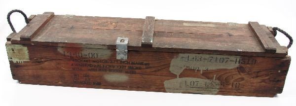 VIETNAM ERA CRATE AND TUBES FOR MK40 ROCKET: Crate and empty storage tubes for Mk 40 Motor Folding-Fin Aerial Rocket, nicknamed "Mighty Mouse". Dated 1968. Wooden crate measures 46 inches long, 12 wide, and 9 high.