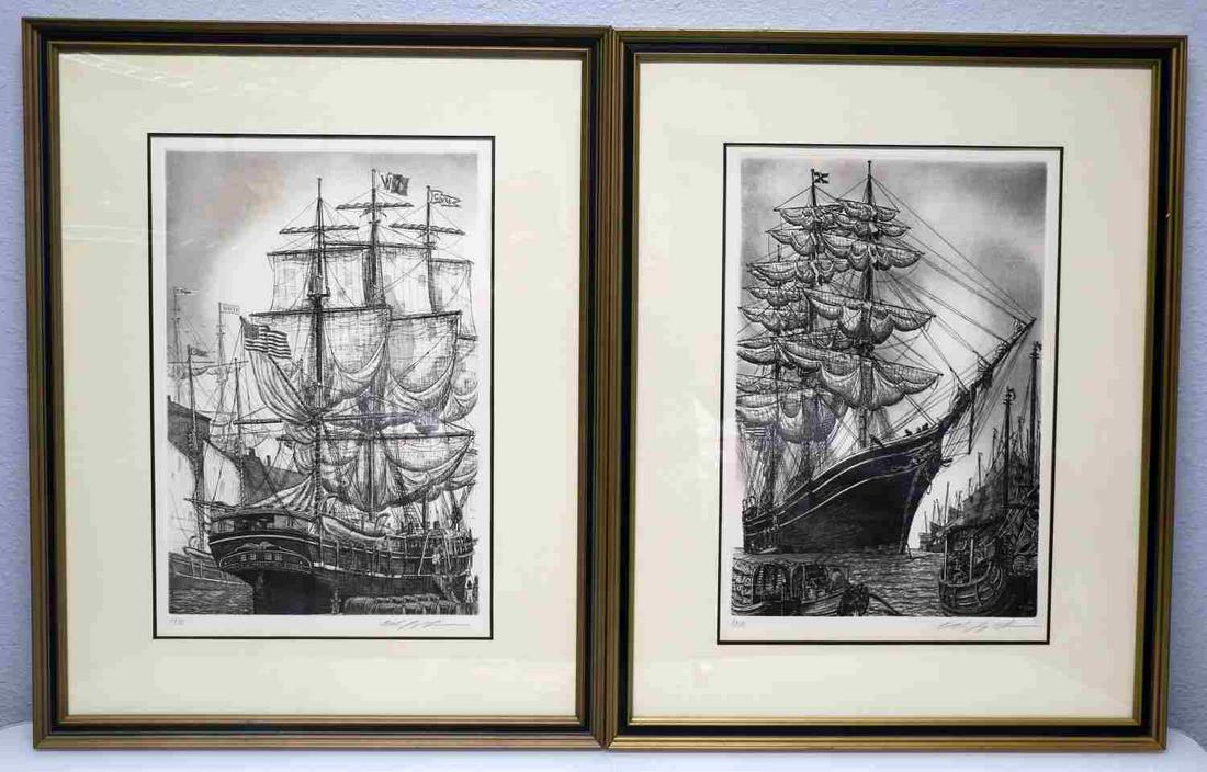 2 ALAN JAY GAINS MARINETIME ETCHINGS SIGNED 1976: Alan Jay Gains, Marine Time Etching Pair, Both Signed, Dated "1976," and Framed. Dimensions of both: frame 27.25X21.5 inches, picture 18.5X12.5 inches. (1) Etching of Whaling ship "Charles w. Morgan N