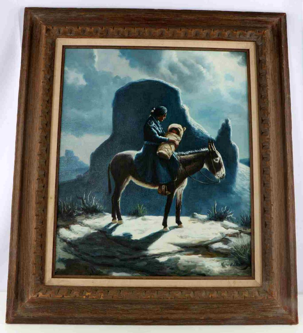 MARTIN P ELLIOT WESTERN SCENE OIL PAINTING SIGNED: Oil Painting Depicting Western Native Scene, Martin P. Elliot, Framed and Signed. signature can be seen on bottom right corner. Measurements: frame 32.5X29 inches, 23.5X19.5 inches. Scene depicts nati