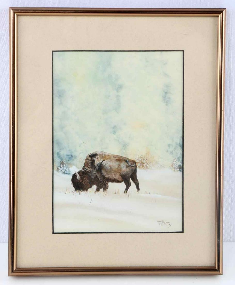 PAUL PERRY WILDLIFE BUFFALO WATERCOLOR SIGNED: Paul Perry, Wildlife Buffalo and Landscape, Watercolor, Signed, Framed and Matted. Artist Paul Perry is known for his watercolor American wildlife depictions. Dimensions: frame 10.25X8.25 inches, pict
