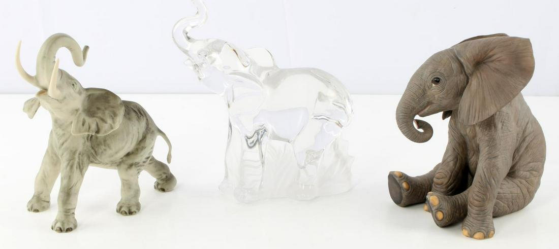 2 LENOX 1 KAISER GLASS PORCELAIN ELEPHANT FIGURINE: Lenox fine crystal 8 inch, Lenox calf , and Kaiser, all very good.