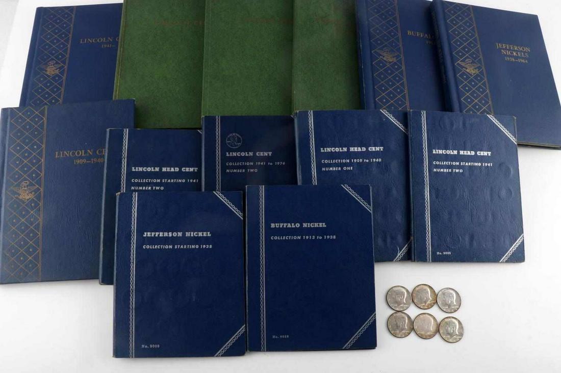 US COIN COLLECTION WHITMAN BOOKS M IXED: Loose 5 40% silver Kennedy and 1 90%, balance are partial books from circulation, no key date coins are noted but some early, includes 273 wheat pennies, 17 silver war nickels, plus 30 Jefferson nicke
