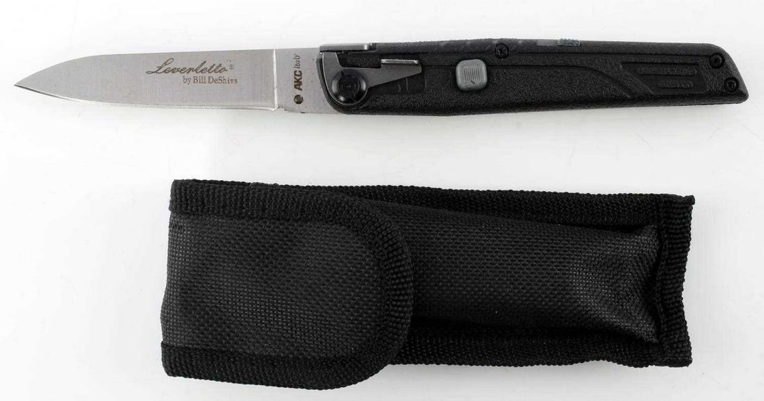 BILL DESHIVS SWITCHBLADE LEVERLETTO AUTO KNIFE: AKC Italian Bill DeShivs Leverletto horizontal single action automatic tactical knife. Condition: unused. Length: total7 3/4 inches, closed 4 1/2 inch Blade Material: 440C Hardness: 58-60HRC Handle Ma