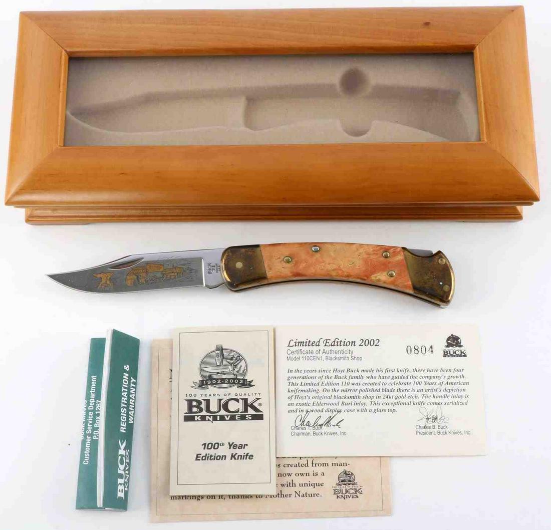 BUCK 110 LIMITED EDITION CELEBRATE 100 YEAR KNIFE: With COA numbered 0804, with 24 KT etch blade, 8 1/2 inches opened, with display box.