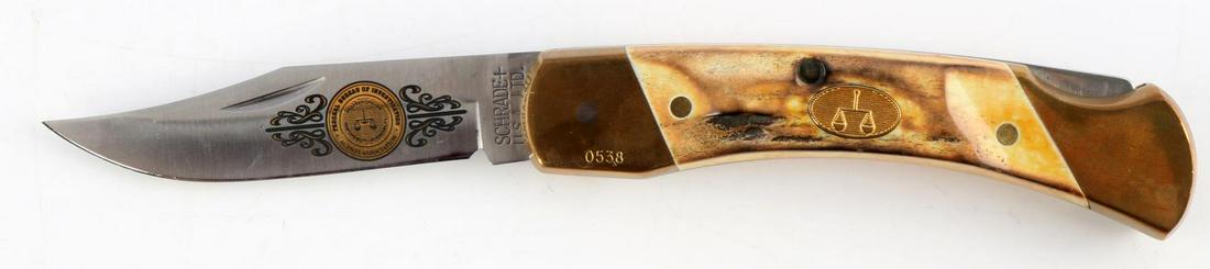 SCHRADE COMMEMORATIVE FBI 0538 KNIFE: Stag grip, 5 inch closed lick blade, FBI logo on blade and grip.