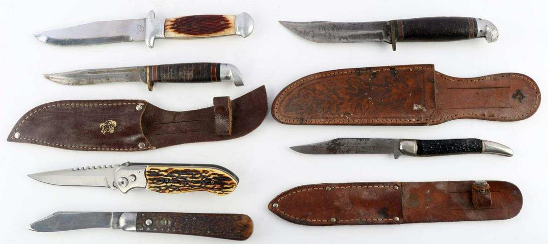 VINTAGE KNIFE LOT OF 6 SABRE WESTERN BOY SCOUTS: Clip point blades. Stainless steel. One from Boy Scouts of America. Others from Sabre and Western. Good condition with oxidation. Measure 9 - 10 inches.