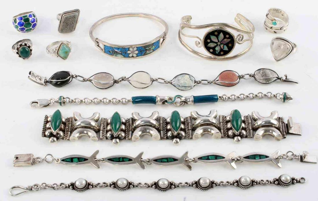 DEALERS LOT 191.7 GRAMS STERLING SILVER JEWELRY: Dealers lot of 191.7grams of sterling silver jewelry, all tested and marked. Two cuffs, five link bracelets and six rings. This lot has a reserve.
