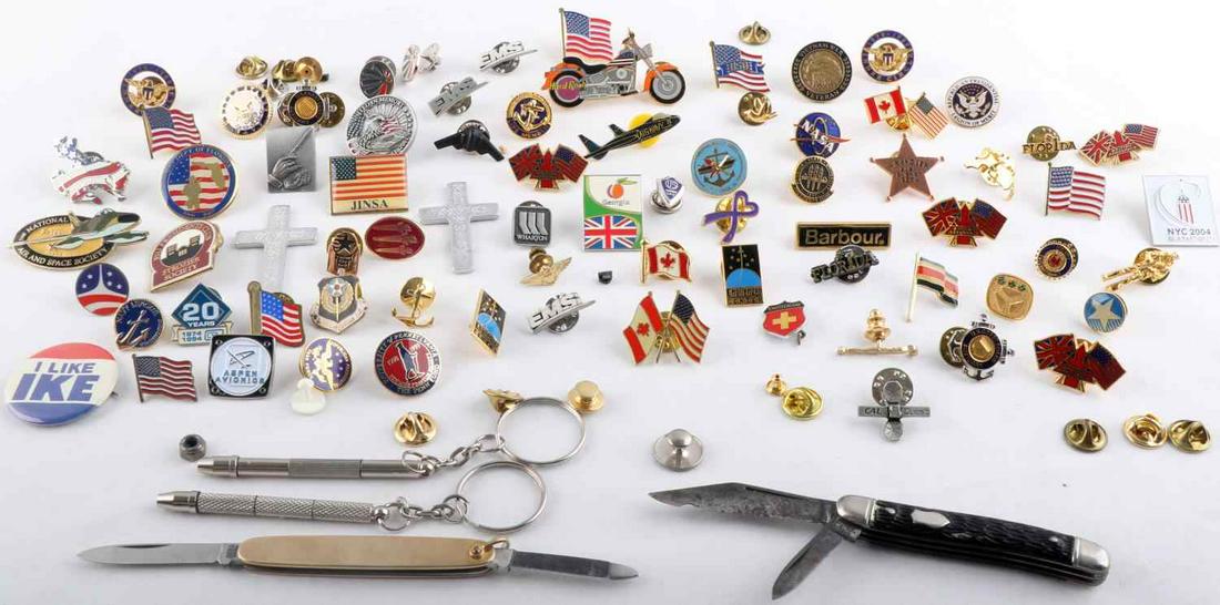 COLLECTION OF PINS PROPELLING PENCIL KNIFE: Pins of all kind of topic, military, aviation, casino, political, 2 propelling pencils and 2 pocket knife one being gold fill.