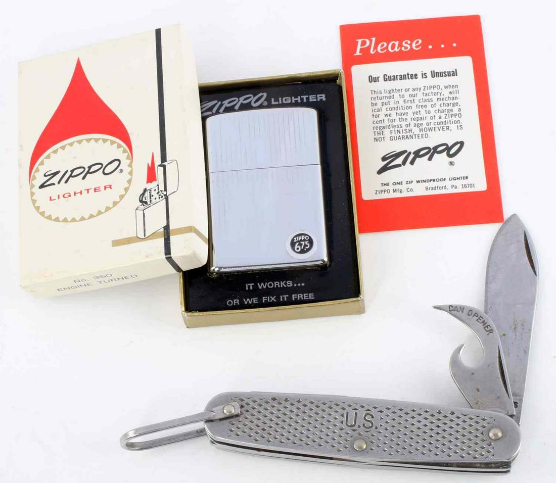 CAMILLUS FOLDING KNIFE & ZIPPO LIGHTER IN BOX: US Camillus 1979 4-part folding knife and vintage Zippo lighter in box. Good condition.