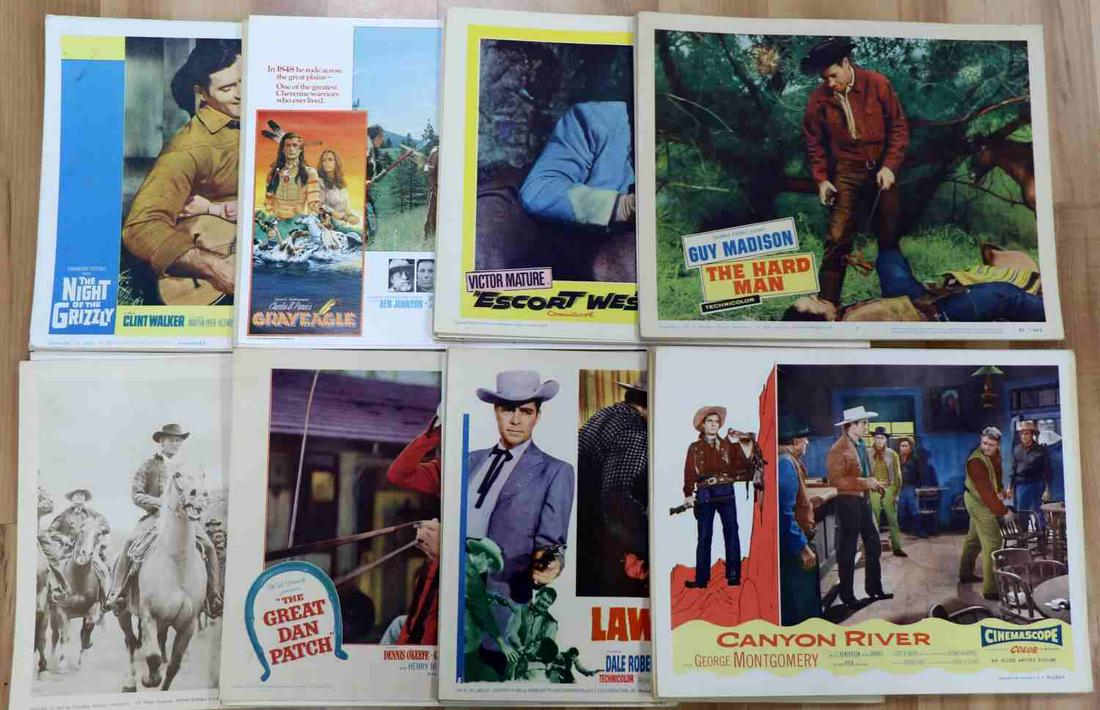 100 VINTAGE THEATRICAL PROMO WESTERN LOBBY CARDS: Approximately 100 original vintage, full-color theatrical lobby cards from the 1950s-70s. Cards measure 14 x 11 inches. Featuring "The White Buffalo" and "A Thunder of Drums" with Charles Bronson, "Th
