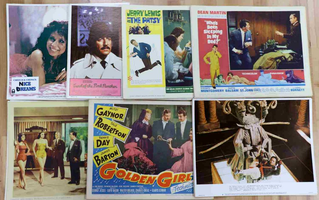 75 VINTAGE THEATRICAL PROMO COMEDY LOBBY CARDS: Approximately 75 full-color original vintage theatrical lobby cards. Cards measure 14 x11 inches. Mostly comedy, musical, and drama. Includes films featuring Cheech & Chong, Paul Simon, John Candy, Fr