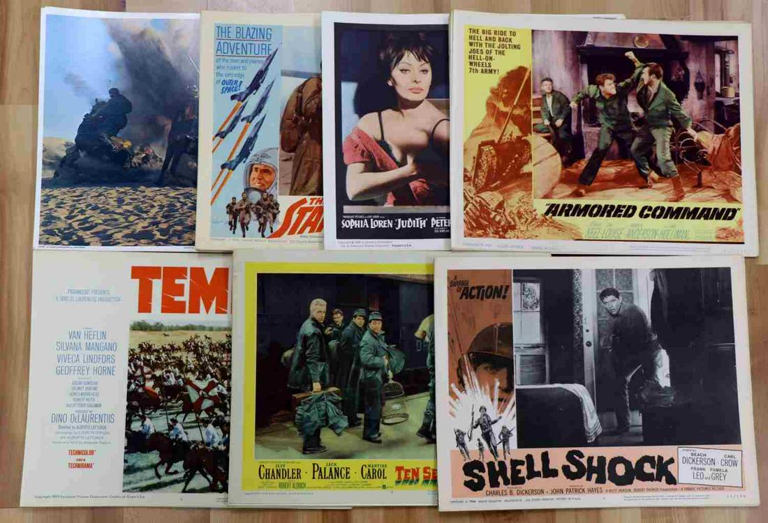 60 VINTAGE THEATRICAL PROMO LOBBY CARD LOT WAR: Approximately 60 original vintage, full-color theatrical lobby cards from the 1950s-60s. Cards measure 14 x 11 inches. Featuring "Battle at Bloody Beach" with Audie Murphy, "The Teahouse of the August