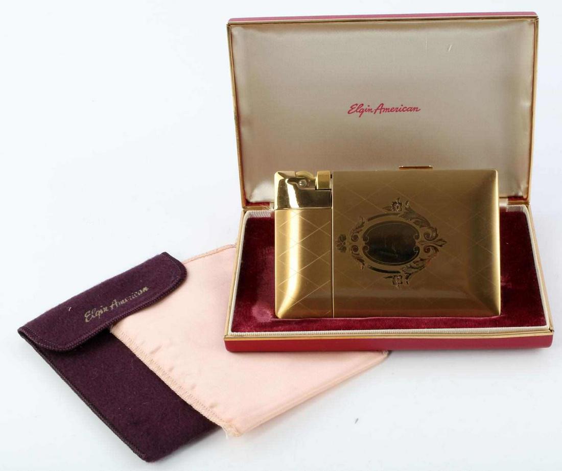 VINTAGE ELGIN AMERICAN CIGARETTE CASE ANTIQUE: Vintage Elgin American Cigarette Case, measures approx. 3.5 X 5 inches. Quilted etched pattern on obverse and reverse, with disc or stacked shell pattern on interior. Interior clip is marked "PAT-D 15