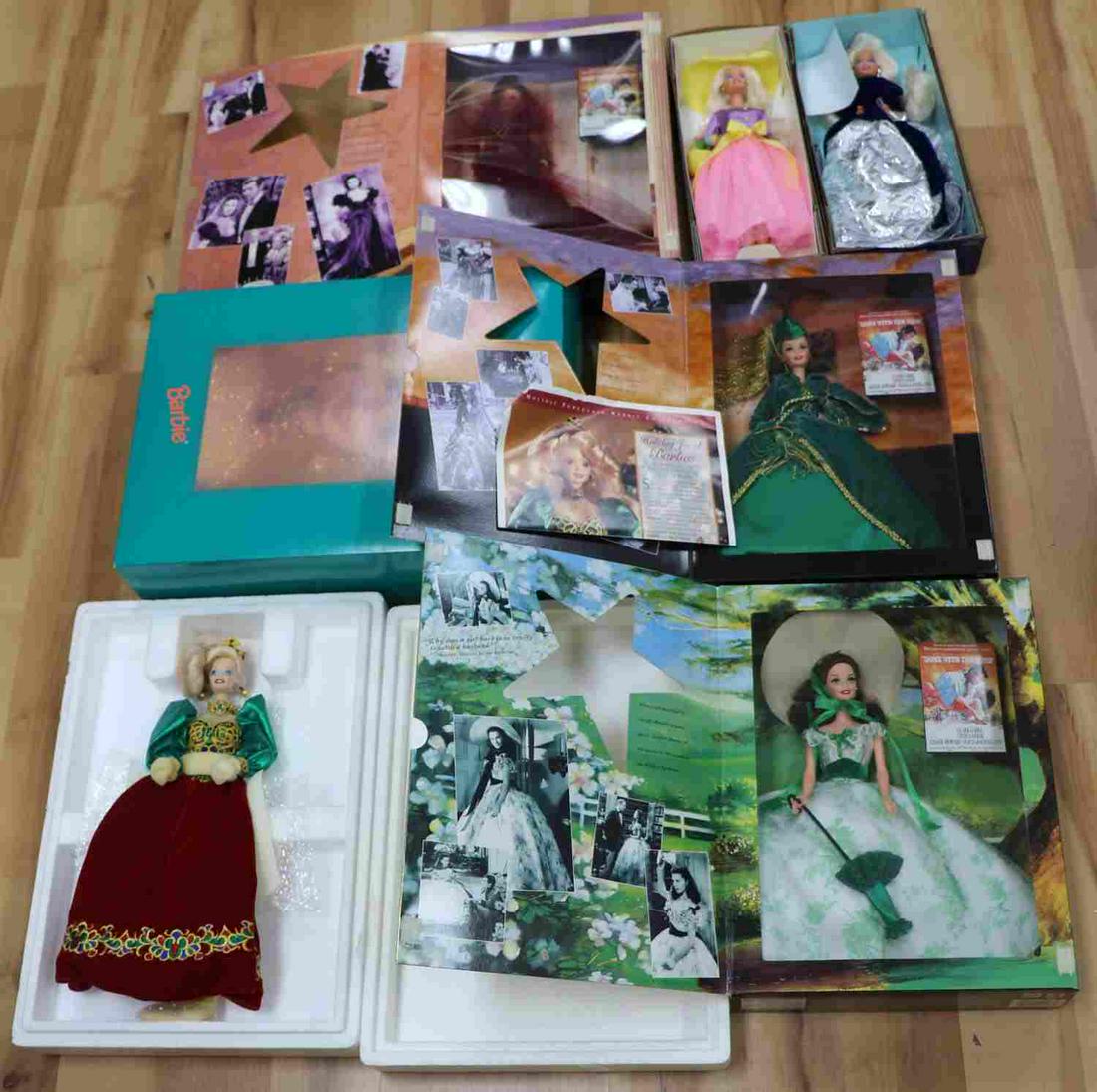 6 BARBIES ORIGINAL BOXES SPECIAL EDITION PORCELAIN: Lot of Six Mint Condition Porcelain Barbies in Original Boxes. Lot includes three Barbies as Scarlett O'Hara from Gone with the Wind; "Scarlett, dressing for the barbeque" "Scarlett in a sleek red vel
