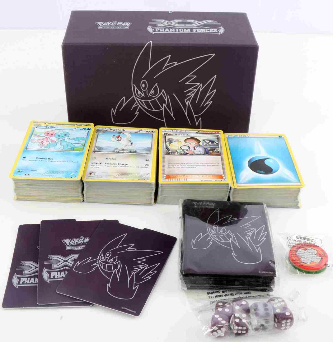 200 MODERN POKEMON CARDS PHANTOM FORCES PACK: Approximately 200 modern Pokemon cards, part of the Phantom Forces pack, comes in Phantom Forces box and with a pack of card sleeves, and a pack of dice. Cards are unsearched.