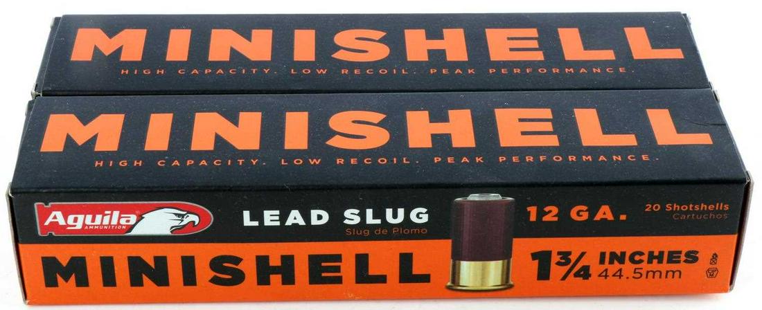 40 ROUNDS 12 GA MINISHELL LEAD SLUG SHOTGUN SHELLS: 40 rounds, two full boxes of Aguila MINISHELL Lead Slug 12 gauge 1 3/4 inches 1250 FPS.