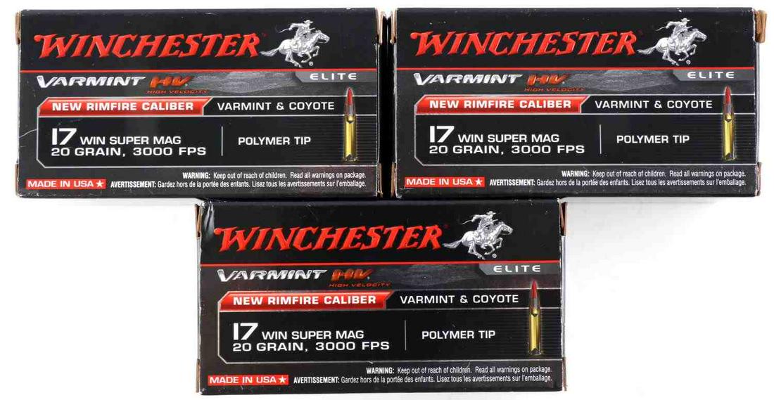 150 ROUNDS 17 WIN SUPER MAG VARMINT HV AMMUNITION: 150 rounds, three full boxes of Winchester Varmint & Coyote High Velocity 17 WIN Super Magnum, 20 grain 3000 FPS Polymer Tip.