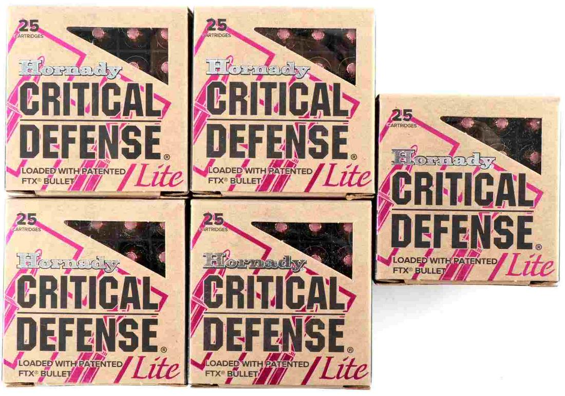 125 ROUNDS HORNADY 9MM LUGER 100GR LITE AMMUNITION: 125 Rounds, 5 full boxes of Hornady Critical Defense Lite 9mm Luger, 100 grain FTX brass case. 5 full boxes with 25 rounds in each for a total of 125 rounds. Boxes are new and unopened.
