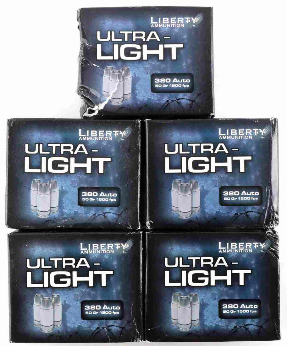 100 ROUNDS LIBERTY ULTRA LIGHT 380 AUTO 50GR AMMO: 100 Rounds, five full boxes of Liberty Ultra-Light 380 Auto, 50 grain 1500 FPS, "Reduced recoil, deep cavity projectile, starburst fragmentation." Five full boxes with 20 rounds in each for a total of