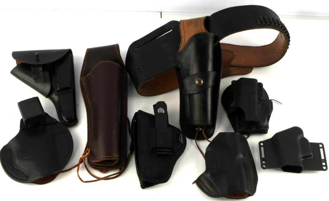 HOLSTER & PISTOL RIG LOT BUCHEIMER GLOCK WALTHE: Single action Bucheimer ML-5 , size 38 inch .22 LR pistol rig, Glock holster, Walther PPK holster, bulldog holster, Pager Pal.