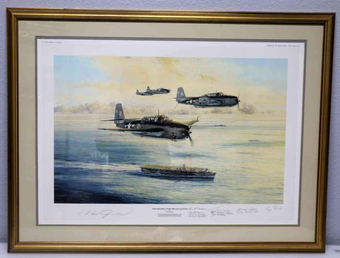 ROBERT TAYLOR LIMITED EDIT SIGNED AVIATION PRINT: Robert Taylor, Limited Edition Print Published by The Military Gallery, Bath, England 1988, Signed and number "663/1000," Work Title "Low Holding Over the San Jacinto." Signature of pilots are seen on