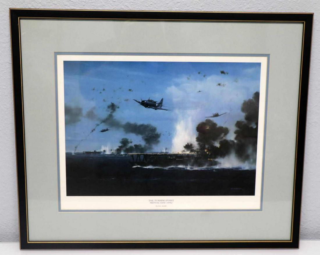 R G SMITH AVIATION LITHOGRAPH THE TURNING POINT: R. G. Smith, "The Turning Point, Midway, June 1942" Framed Aviation Lithograph," 1985. Frame features provenance and bio of print depiction on inverse. Print depicts several SBD Dauntless dive bombers