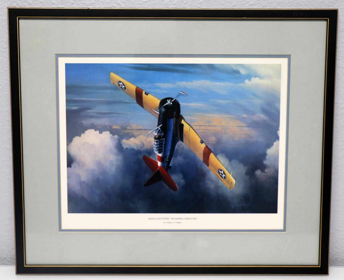 WILLIAM S PHILLIPS AVIATION LITHOGRAPH FRAMED: William S. Philips, "High Country Training Ground," Framed Aviation Lithograph. Frame features provenance and bio of print depiction on inverse. Print depicts a SNJ-3 Texan training aircraft. Dimensio