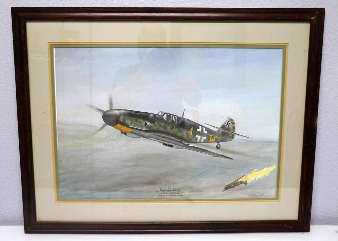 JOHN FICKLEN & ERICH HARTMANN SIGNED FLIGHT LITHO: John Ficklen Signed Aviation Lithograph Also Signed by Ace of Aces Erich Hartmann, Numbered 730/950, Framed. Titled "Messerschmitt Bf109G-6, Flown by Maj. Erich Hartmann, 352 Victories, 9th Staffel of