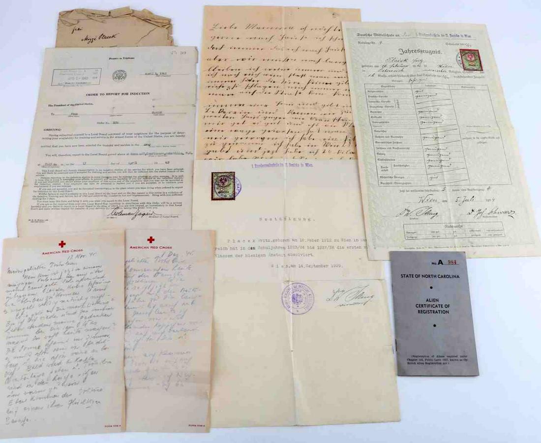 WWII ENEMY STATUS UNDETERMINED DRAFT NOTICE: 1942 Draft notice on Austrian immigrant into North Carolina, declined because of "Enemy Status Undetermined" has Alien card, letters on Red Cross letterhead and more.