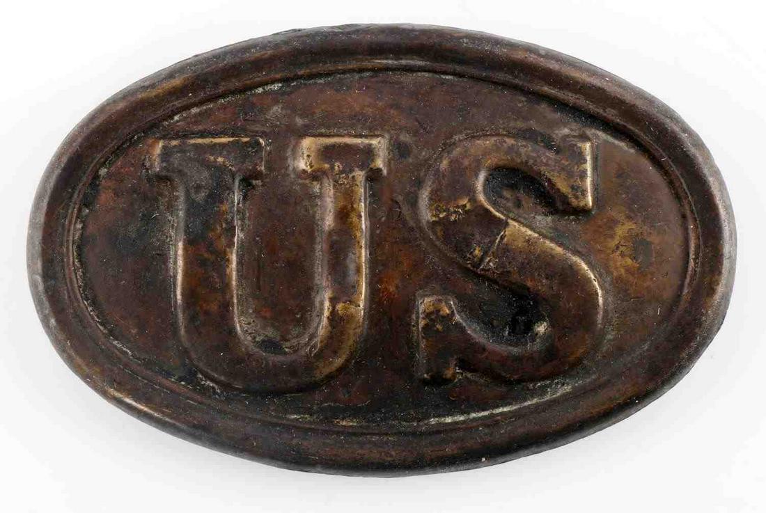 ANTIQUE CIVIL WAR US UINION BRASS BELT BUCKLE: Brass construction with lead filled black. 3 pronged. Measures 3 1/2 inches. Unauthenticated, sold as is.