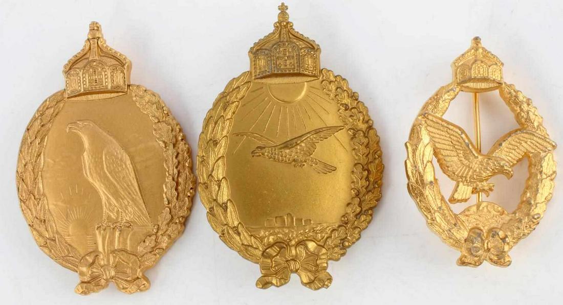3 WWI IMPERIAL GERMAN LUFTWAFFE PILOT NAVY BADGES: Lot of three WWI Imperial German Navy Luftwaffe Pilot Badges includes; One Navy pilot badge with two marking on either side of pin back on reverse. One commemorative Navy pilot badge with two markings