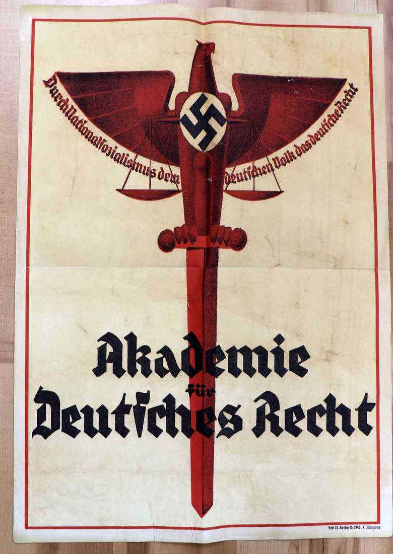 WWII GERMAN THIRD REICH NSDAP RECRUIT LARGE POSTER: WWII German Third Reich NSDAP Recruit Large Poster, measures approx. 32 X 23.5 inches. Displays NSDAP insignia, eagle and emblem. Reads "Akademie fur Deutsches Recht." Marked "heft 22. Berlin 15. 1941