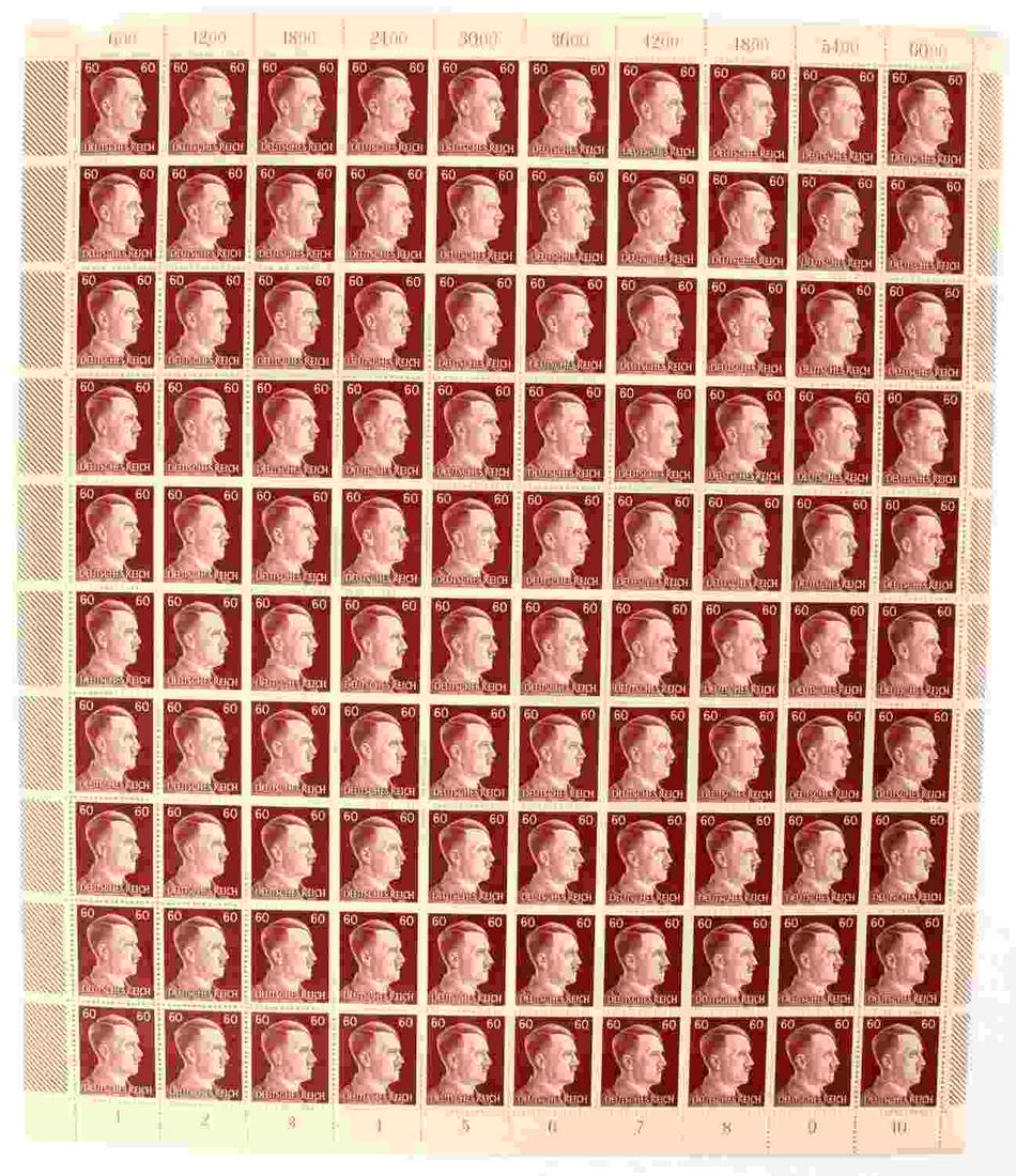 WWII GERMAN THIRD REICH FULL SHEET HITLER STAMPS: WWII German Third Reich Full Sheet of Stamps with Hitler's Portrait. Sheet contains 100 stamps, at 60 pfennings each. Stamps display Hitler's portrait with "Deutsches Reich" beneath. Full gum, mint no