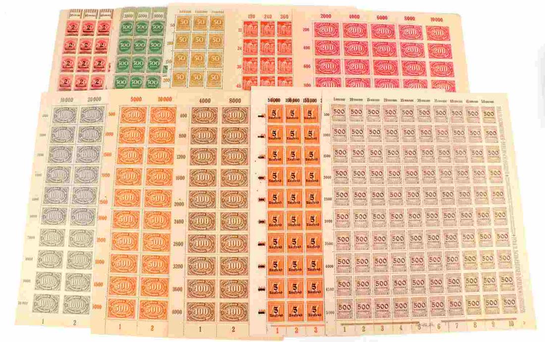 WWII GERMAN THIRD REICH FULL SHEETS HITLER STAMPS: Lot of 10 Full Sheets of WWII German Third Reich Hitler Stamps; vary in postage amounts. Three sheets have full gum, all are slightly hinged around edges. Stored well with only minor damage towards ed