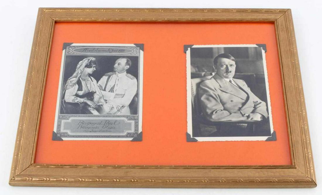 WWII PHOTOS HITLER & PRINCE PAUL & PRINCESS OLGA: Two photos in frame, 10.5 X 13.75 inches. Reprinted photo of Prince Paul of Yugoslavia and Princess Olga of Greece, 1939. Photo of seated Hitler. Both measure 6 X 4 inches. Very good condition.