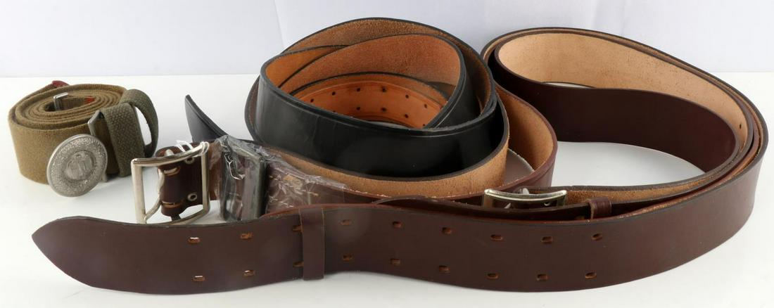 6 WWII NSDAP THIRD REICH REINACTOR BELT LOT: Includes two black ,one 42 inches one 48, one olive with buckle 44 inch, 3 brown leather with buckles, 42 to 48 inch. All as new and wearable.