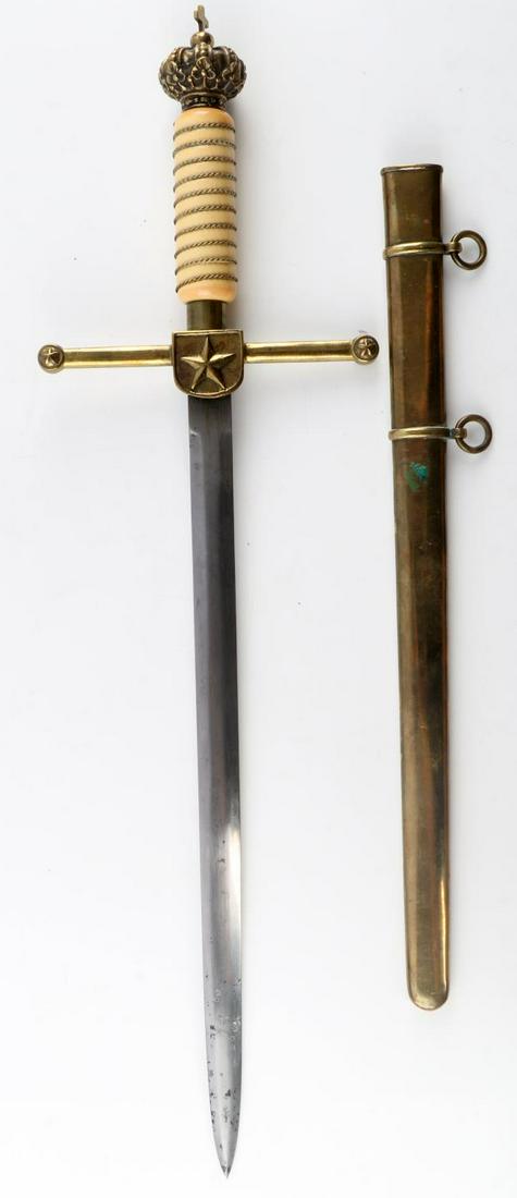 20TH CENTURY IMPERIAL STILLETO DAGGER & SCABBARD: 20th century imperial stilleto dagger and scabbard in good condition. Country unknown. Crown and cross on pommel. Crossguard has three stars. Blade measures 12 7/8 inches long with no markings. Some p