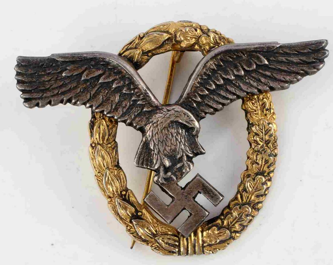 WWII GERMAN REICH LUFTWAFFE PILOTS OBSERVER BADGE: WWII German Reich Luftwaffe pilot's observer badge in good condition. C-slasp on reverse is missing. Eagle is a bit loose and does wiggle. Good detail. Unauthenticated, sold as is.