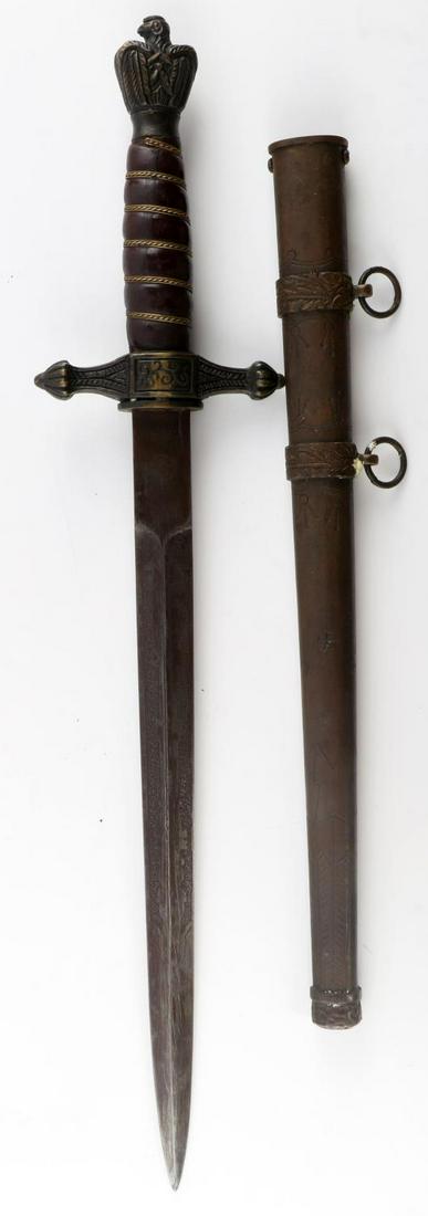 WWII GERMAN REICH EARLY PARAMILITARY WATER DAGGER: WWII or pre 1933 German Reich dagger which appears to be a strange type of early Kriegsmarine or marine paramilitary dagger. Swastika on ricasso, along with the Japanese Katakana characters "Ichidaisa